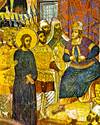 Христос перед Каиафой. Фреска церкви Благовещения в Ярославле